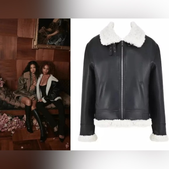 NWT. House of CB Black Shearling Vegan Leather Aviator Jacket Size Large - Picture 5 of 14